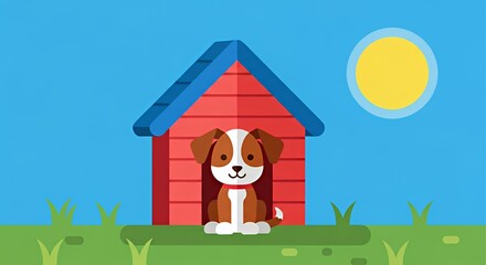 Fototapeta premium Cute Brown White Puppy Sitting in Red Dog House Outside on Sunny Day