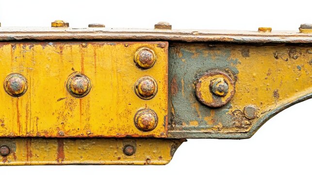 Close-up of industrial welding equipment featuring bolts and textured metal components with a white background