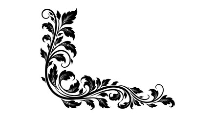 Fototapeta premium Elegant Black Horizontal Floral Border with Swirling Leaves and Decorative Vine Elements on Isolated White Background.