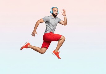 Obraz premium Athletic man jumping mid-stride wearing headphones and red shorts