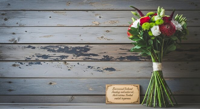 Happy mother's day bouquet of flowers and gift card on wooden background