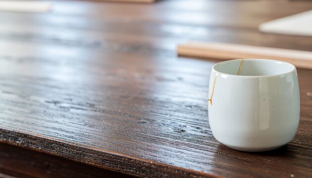 金継ぎの白い器を木のテーブルに置いた上品な和モダン静物