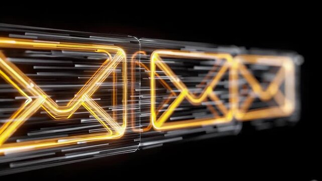 Automated Sequences of Glowing Mail Envelope Icons Representing Digital Communication Concepts