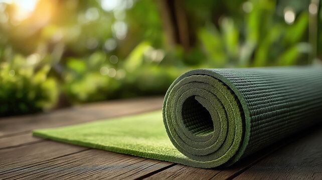 Outdoor fitness and meditation scene with green yoga mat on lush sunny green background