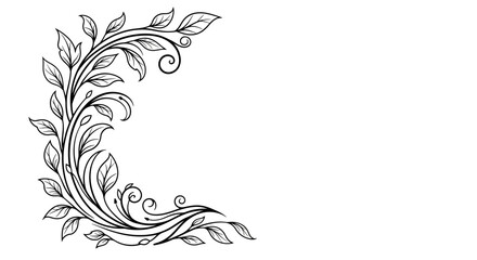 Fototapeta premium An elegant black and white illustration of a swirling vine with leaves and tendrils, forming a decorative corner element.