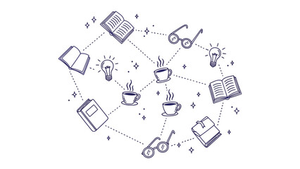 Fototapeta premium Connected Concepts: A network of ideas illustrated with books, glasses, light bulbs and coffee cups, symbolizing knowledge, and creativity.