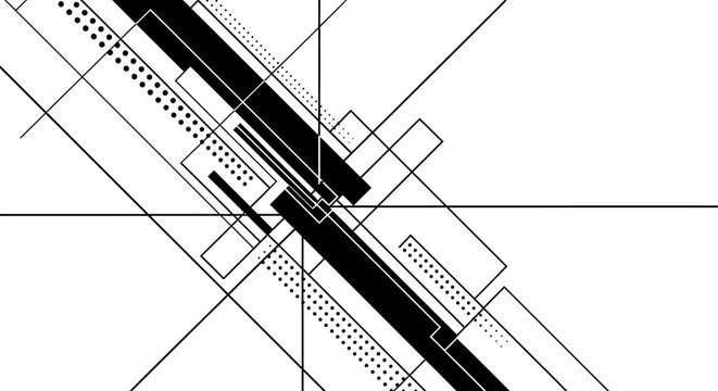 Abstract black and white geometric pattern with dynamic lines, rectangles, and dotted textures creating a modern, technical design.