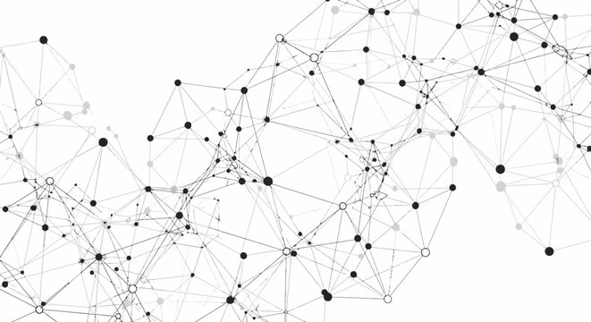 Abstract network of interconnected nodes and lines on a white background, representing data or connections.