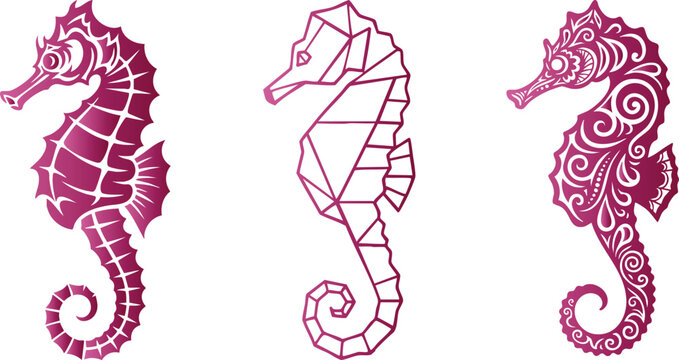 Minimalist seahorse vector silhouette collection, detailed seahorse geometric, perfect for logos, crafts, and decorative projects. flat vector design.