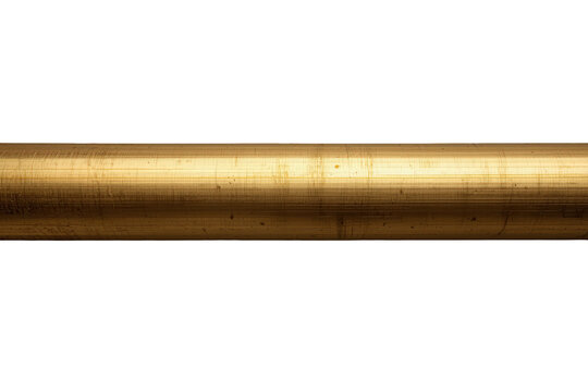 Golden brass metal pipe displaying textured surface and gleaming reflections on transparent background material