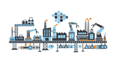 Obraz premium Modern automated factory production line with robotic arms and industrial buildings.
