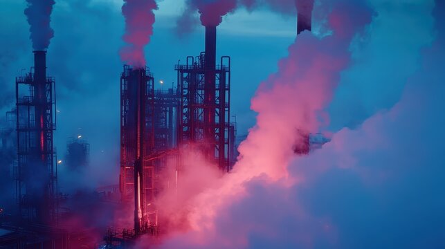 Vibrant industrial factory emitting pink and blue smoke against a twilight sky