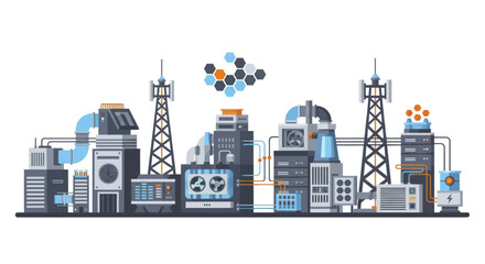 Obraz premium Modern Industrial Cityscape with Communication Towers and Energy Infrastructure.