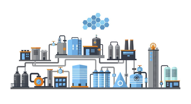 Modern Industrial Chemical Plant Facility with Complex Piping System.