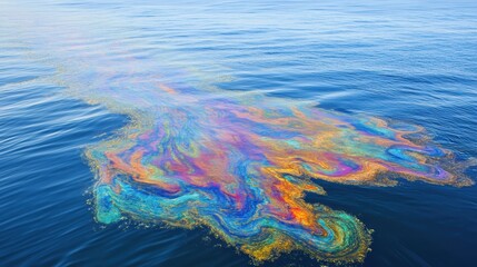Fototapeta premium Vibrant rainbow-like oil sheen spreading across the vast ocean surface, showcasing abstract patterns and colors