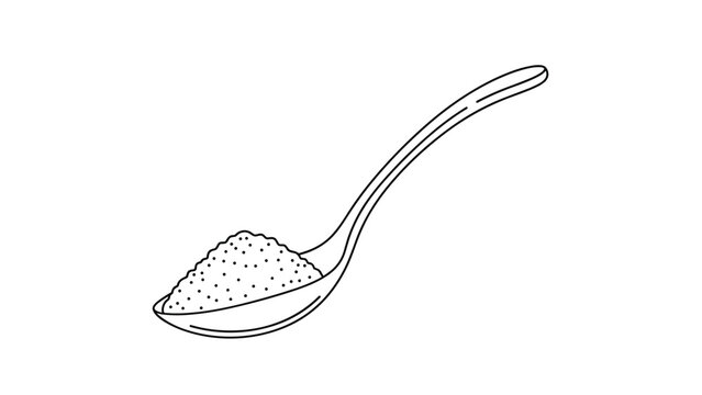 Simple black and white line drawing of a spoon filled with a small pile of fine powder or sugar for cooking and baking.