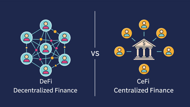 Decentralized finance versus centralized finance comparison illustration showing networking nodes against a bank icon.