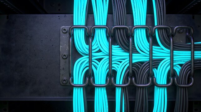 Cyber cables in a server room, networking and data transfer concept , quantum AI integration, quantum machine learning, AI quantum hardware, hybrid quantum classical, quantum computing AI, copy space