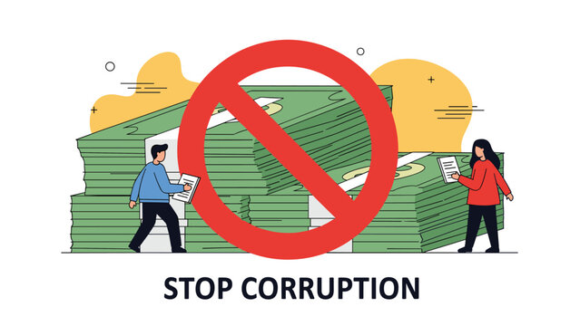 Conceptual illustration about stopping corruption featuring a red prohibition sign over stacks of paper currency bills.