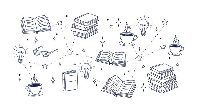 The world of Literature: An illustration depicts the connection between books, ideas, coffee, and reading glasses. This captures the essence of literary appreciation and intellectual exploration. 
