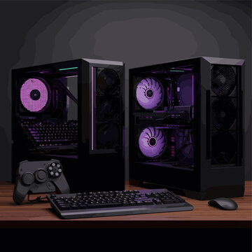 Two modern gaming PC setups with vibrant purple RGB lighting, keyboards, mouse, and a controller on a wooden desk, ready for immersive gameplay.