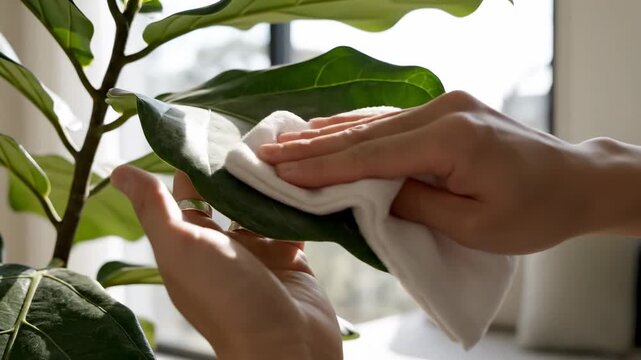 Close up of hands cleaning a fiddle leaf fig houseplant with a white cloth for plant care and maintenance