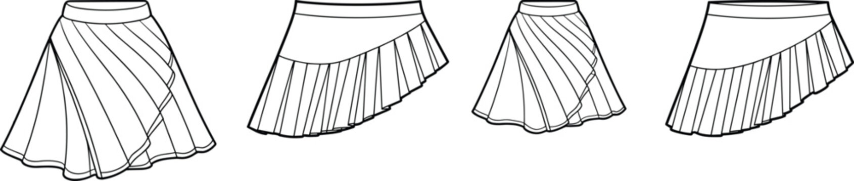 Women asymmetrical pleated skirt set, layered mini skirts with wrap design, front views fashion apparel templates &ndash; vector illustration