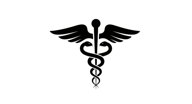 Black silhouette of a Caduceus medical symbol with wings and entwined snakes on an isolated white background, representing healthcare.