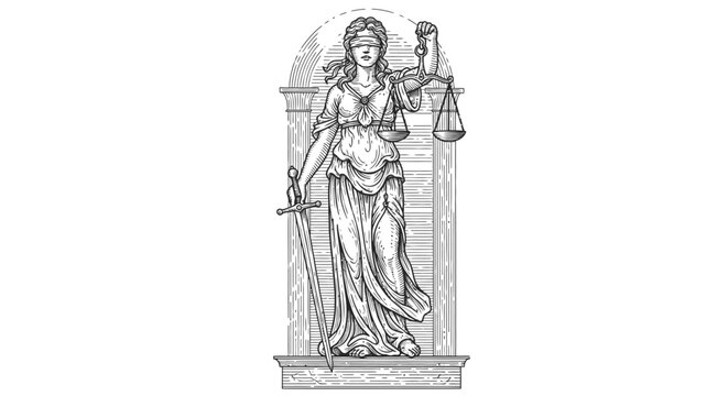 Detailed Lady Justice Statue with Scales and Sword Representing Law and Fairness, Isolated White Background