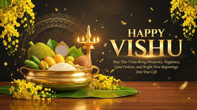 Traditional Vishu festival display with a golden vessel overflowing with rice fruits and flowers illuminated by a diya lamp against a dark textured background