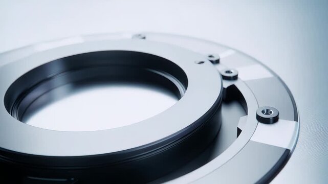 Metallic circular mechanical component with chrome ring and sleek reflective surfaces, intricate macro details and implied motion conveying precision engineering and futuristic design