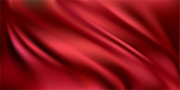 Elegant red silky material with crumples and waves. Vector realistic background texture, wavy surface of drapes or curtain, tablecloth or tissue. Atelier textile with vintage look and fine quality