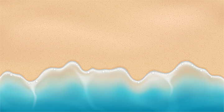 Aerial view of beach with sand and transparent sea waves with foamy edge. Vector realistic water and land landscape. Coastal landform. Summer seascape and vacation. Natural surface for design