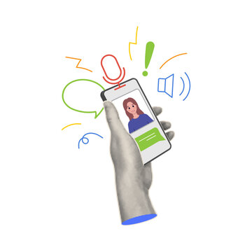 Hand holding smartphone displaying open chat or messaging screen. Vector halftone art with lines and speech bubbles, exclamation point and microphone sings. Online messaging or online conversations