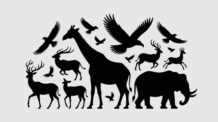 Fototapeta premium African Savanna Landscape Vector Silhouette – Seamless Horizontal Wildlife Scene with Elephants, Giraffes, Lion in Animals savannah 