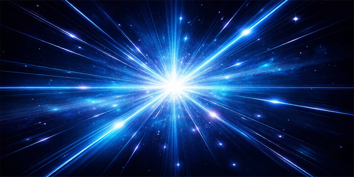 An abstract blue space background features a bright galaxy of glowing stars and shiny light rays bursting with energy like a disco laser across the cosmos