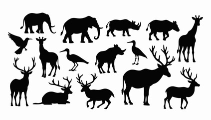 Fototapeta premium African Savanna Landscape Vector Silhouette – Seamless Horizontal Wildlife Scene with Elephants, Giraffes, Lion in Animals savannah 