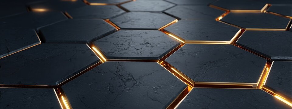 Black hexagonal tile with a gold border