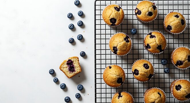 Freshly baked blueberry muffins arranged on a cooling rack with scattered berries
