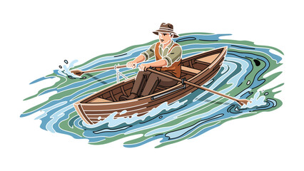 Man Rowing in Small Boat on Water: Capturing a solitary individual immersed in the act of rowing, gracefully navigating a small boat through tranquil waters. © mstmahmuda