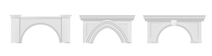 Naklejka premium Antique realistic arches set. Vector curved brick structures to support weight. Medieval marble archway. Ancient columns and stone entrance gates of castles and palaces. Greek and Roman architecture
