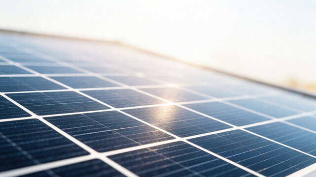 Close-up of a solar panel surface, natural reflection of sunlight. Copy space. Renewable energy source with modern infrastructure.