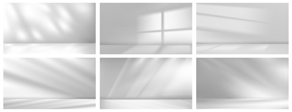 Studio background podium with realistic lighting and shadows. Vector monochrome smooth surfaces set with dramatic highlights. Product presentation and photography mockups collection