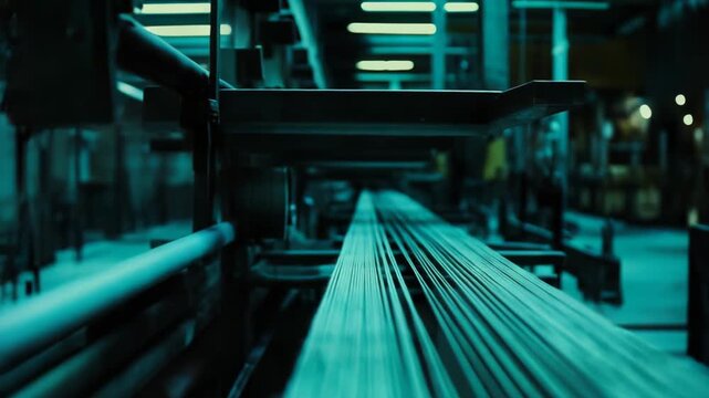 Textile threads stretching across industrial machinery, creating fabric in a dark factory environment under a cool blue light, emphasizing automated production and industrial manufacturing processes