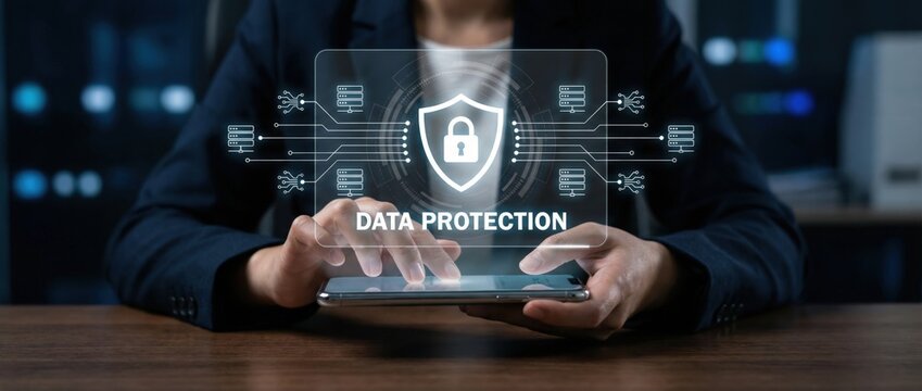 Data protection strategy implementation corporate office digital image professional environment close-up view cybersecurity concept for enhanced security and compliance