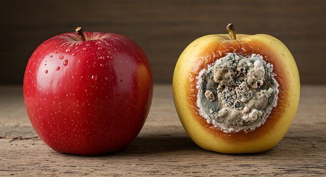 A comparison of a fresh red apple and a decaying apple with mold