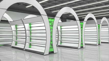 Rows of retail curved design gondola shelving and arched banners. 3d illustration © Wire_man