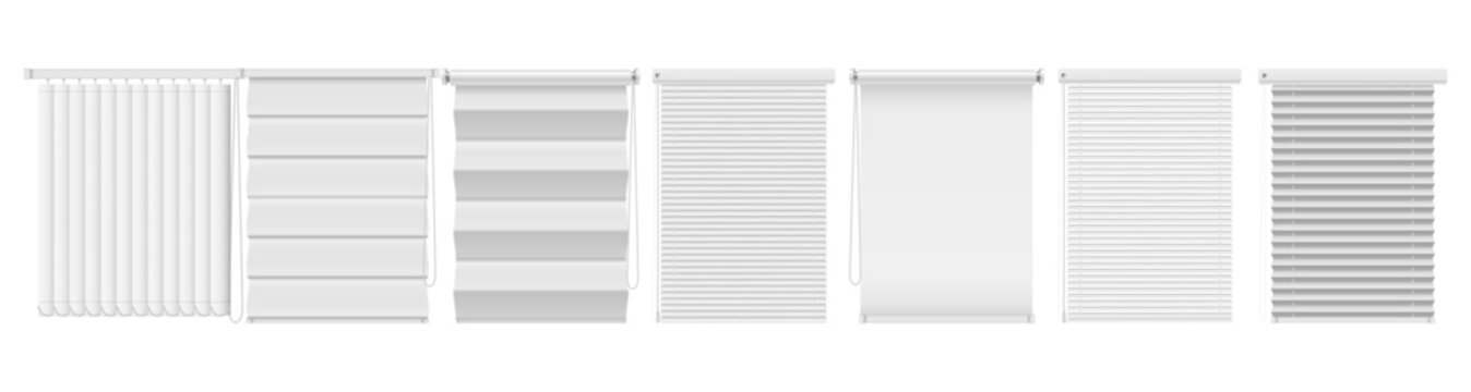 Roller window blinds in neutral colors, isolated realistic louvers collection. Vector shutters mockup set for blocking sunlight and maintaining privacy. Minimal design of shades for modern interiors