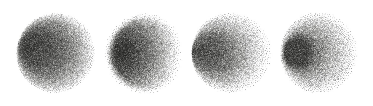 Gradient circle, isolated collection of gradation circlets with grain noise texture. Vector monochrome blend mesh of noise dots. Blur round shapes smooth transition. Single color spotlight