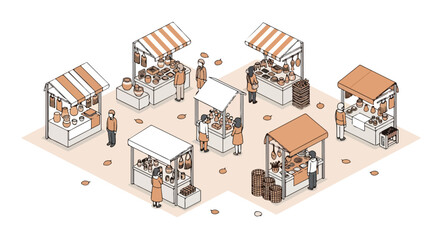 Fototapeta premium Isometric illustration of a charming outdoor market scene with stalls selling goods and people browsing and shopping